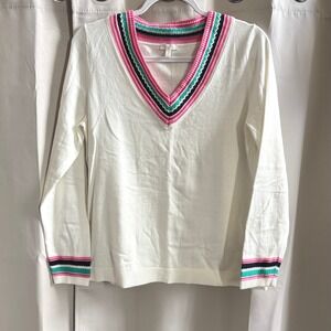 Talbots Womens Sweater Tenniscore Fabric Yarn V Neck XL Academia Preppy 19463